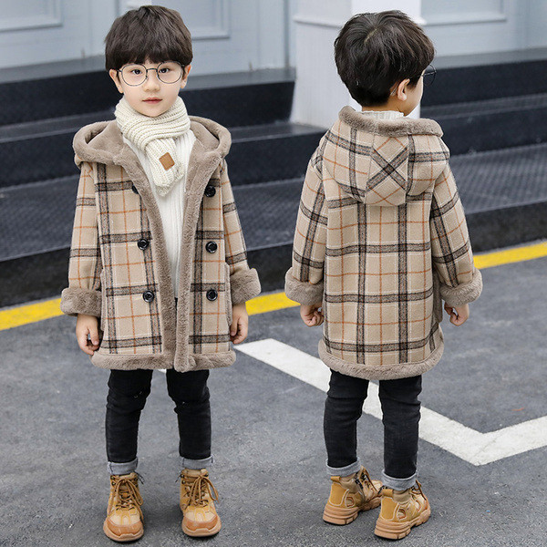 Παιδικό παλτό καρό για αγόρια με μαλακή επένδυση και κουκούλα