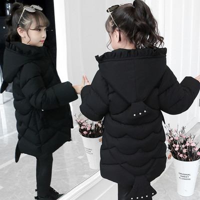 Kapuutsiga ja keskmise pikkusega laste talvejope tüdrukutele