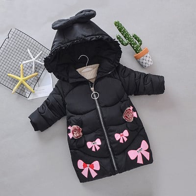 Παιδικό χειμερινό μπουφάν με κουκούλα και κορδέλα - ροζ, μοβ, μαύρο και κόκκινο χρώμα