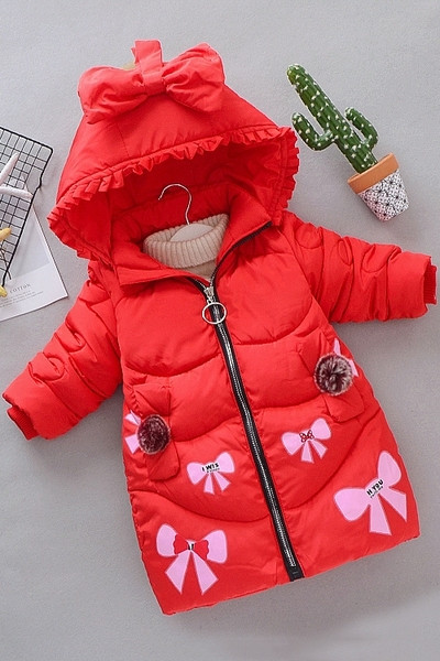 Παιδικό χειμερινό μπουφάν με κουκούλα και κορδέλα - ροζ, μοβ, μαύρο και κόκκινο χρώμα