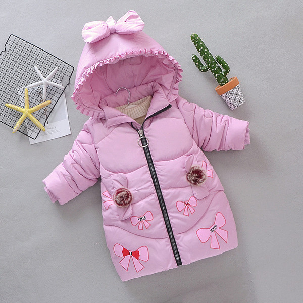 Παιδικό χειμερινό μπουφάν με κουκούλα και κορδέλα - ροζ, μοβ, μαύρο και κόκκινο χρώμα
