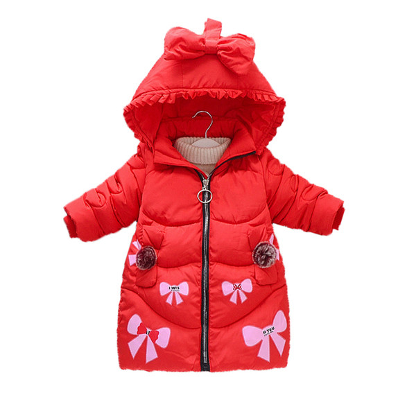 Παιδικό χειμερινό μπουφάν με κουκούλα και κορδέλα - ροζ, μοβ, μαύρο και κόκκινο χρώμα