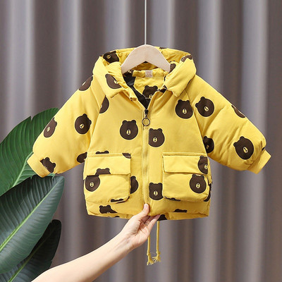 Kapuutsiga ja värvilise kaisukarudega laste talvejope poistele