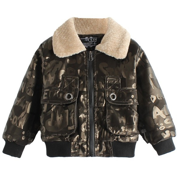 Παιδικό μπουφάν για αγόρια με κάτω γιακά και επιγραφές