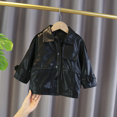 Laste musta ja roosa nööpidega nahktagi