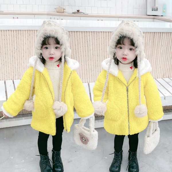 Χνουδωτόπαιδικό μπουφάν με κουκούλα και φερμουάρ για κορίτσια