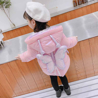 Uue mudeli talve laste jope tüdrukutele, seljal 3D liblikas