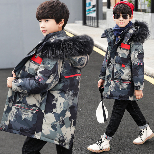 Geaca de iarna copii pentru baieti model lung cu gluga si puf