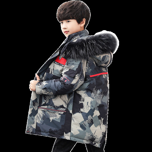 Geaca de iarna copii pentru baieti model lung cu gluga si puf
