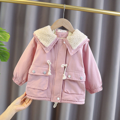 Moodne pehme krae ja taskutega laste jope tüdrukutele