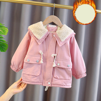 Moodne pehme krae ja taskutega laste jope tüdrukutele