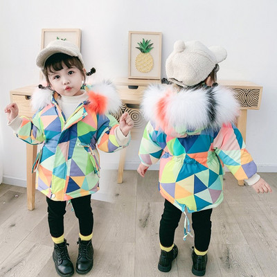 Πολύχρωμο παιδικό χειμερινό μπουφάν με γούνα για κορίτσια