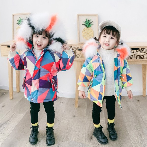 Πολύχρωμο παιδικό χειμερινό μπουφάν με γούνα για κορίτσια