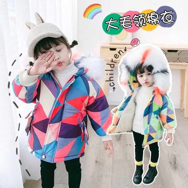 Πολύχρωμο παιδικό χειμερινό μπουφάν με γούνα για κορίτσια