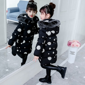 Χειμερινό παιδικό μπουφάν πουά για κορίτσια με κουκούλα και γούνα