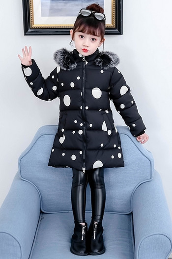 Χειμερινό παιδικό μπουφάν πουά για κορίτσια με κουκούλα και γούνα