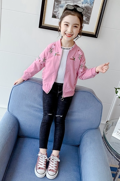 Φθινόπωρο παιδικό μπουφάν για κορίτσια με λουλουδάτο κέντημα και κορδέλα