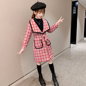 Pikk laste ruuduline mantel tüdrukutele, vöökohal vööga