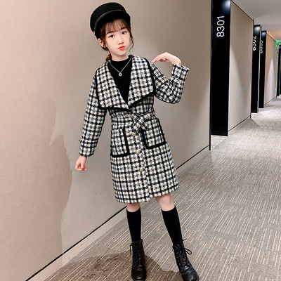 Pikk laste ruuduline mantel tüdrukutele, vöökohal vööga
