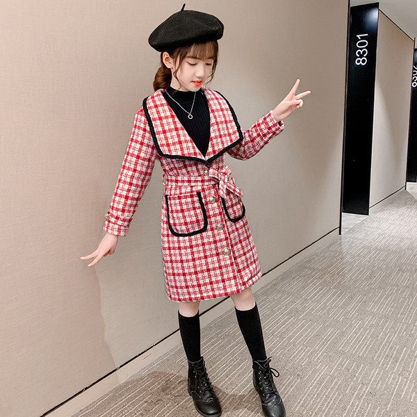 Pikk laste ruuduline mantel tüdrukutele, vöökohal vööga