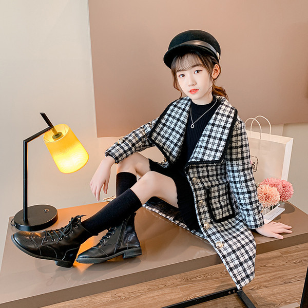 Pikk laste ruuduline mantel tüdrukutele, vöökohal vööga