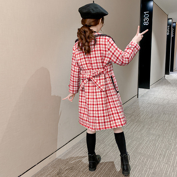 Pikk laste ruuduline mantel tüdrukutele, vöökohal vööga