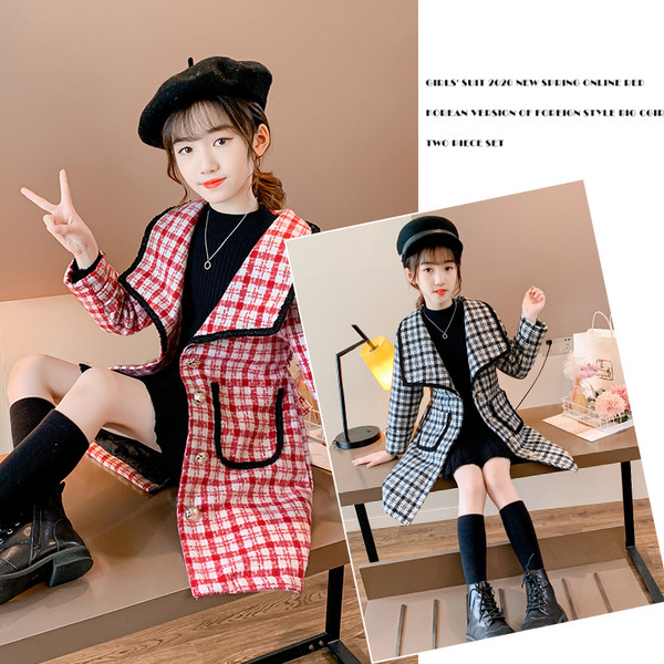 Pikk laste ruuduline mantel tüdrukutele, vöökohal vööga