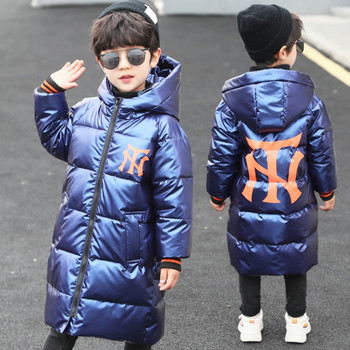Зимно детско яке за момчета дълъг модел с качулка и апликация