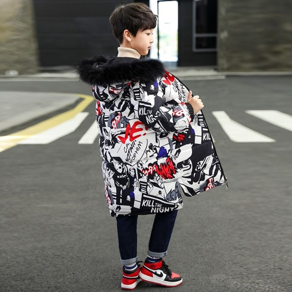 Kahepoolne laste jope poistele kapuutsiga ja suleosaga