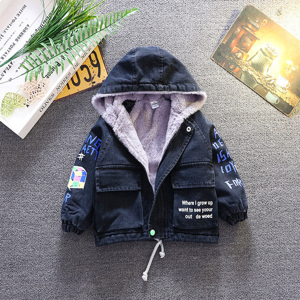 Uue mudeli kapuutsiga ja kirjadega talve laste jope poistele