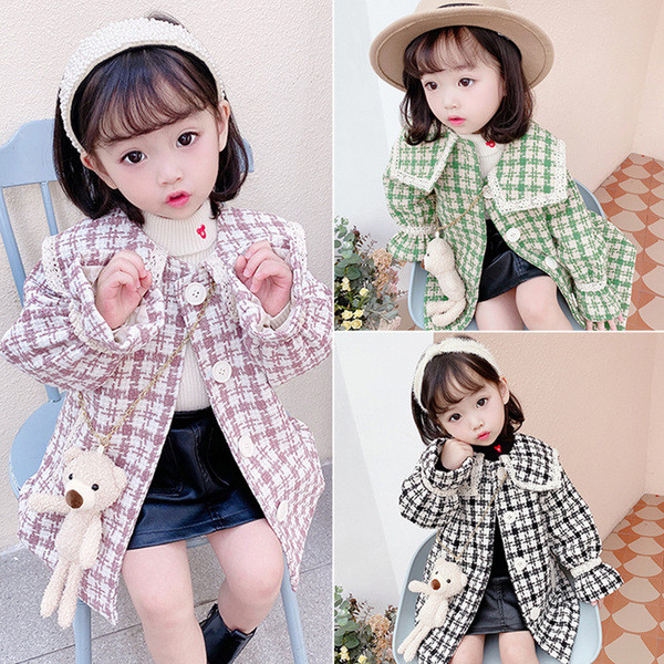 Ruuduline laste pikk mantel nööpide ja kaisukaru aksessuaariga