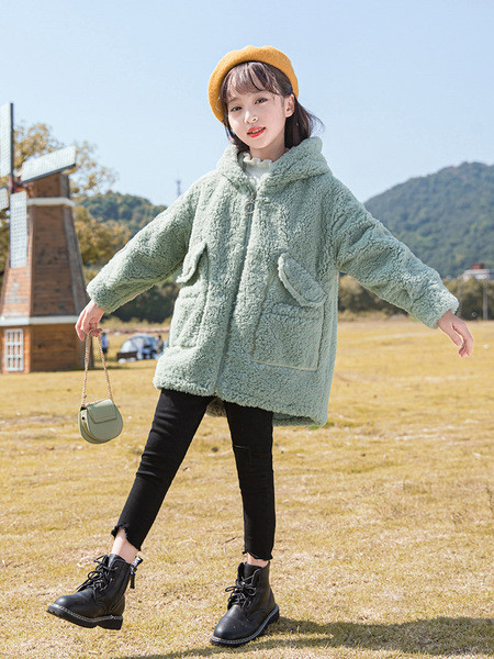 Čupava dječja jakna s patentnim zatvaračem i kapuljačom - za djevojčice