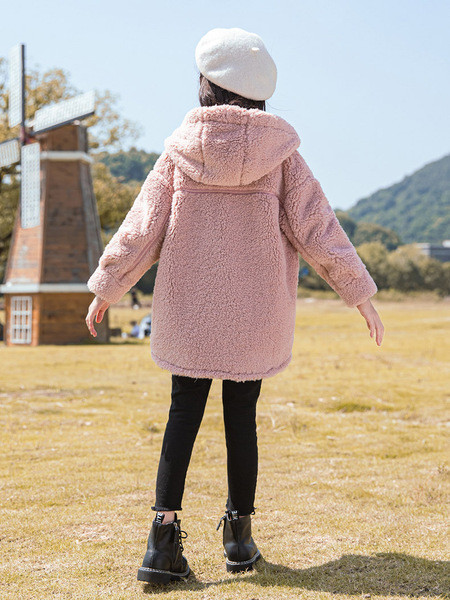 Čupava dječja jakna s patentnim zatvaračem i kapuljačom - za djevojčice