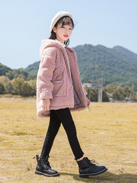 Čupava dječja jakna s patentnim zatvaračem i kapuljačom - za djevojčice