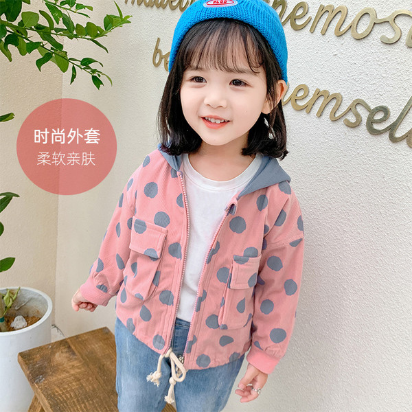 Uus mudel tüdrukutele täppidega kapuutsi ja taskutega laste jope