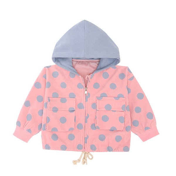 Uus mudel tüdrukutele täppidega kapuutsi ja taskutega laste jope