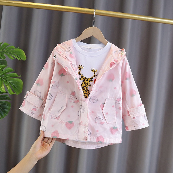 Roosa ja valge kapuutsiga laste jope tüdrukutele