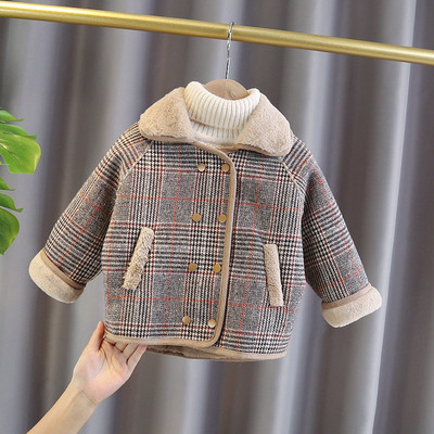 Children`s plaid jacket with round neckline for girls