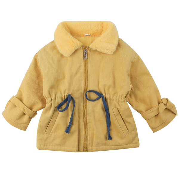 Μοντέρνο παιδικό μπουφάν για κορίτσια με απαλό κολάρο σε κίτρινο και μπεζ χρώμα