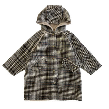 Карирано детско палто за момичета с качулка и мека подплата