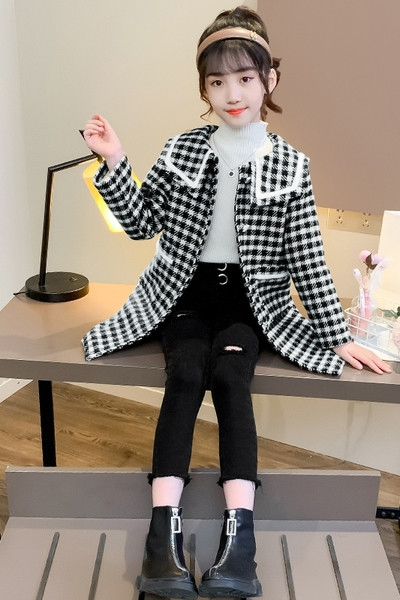 Παιδικό παλτό καρό για κορίτσια με κουμπιά και τσέπες