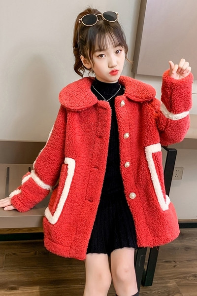 Crvena dječja jakna za djevojčice s kragnom i gumbima
