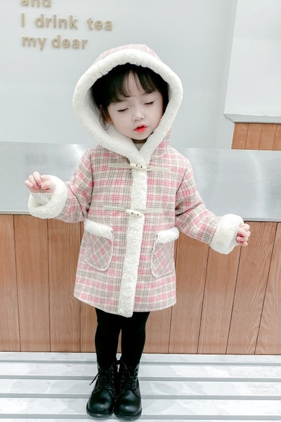 Παιδικό παλτό καρό με κουκούλα και τσέπες για κορίτσια