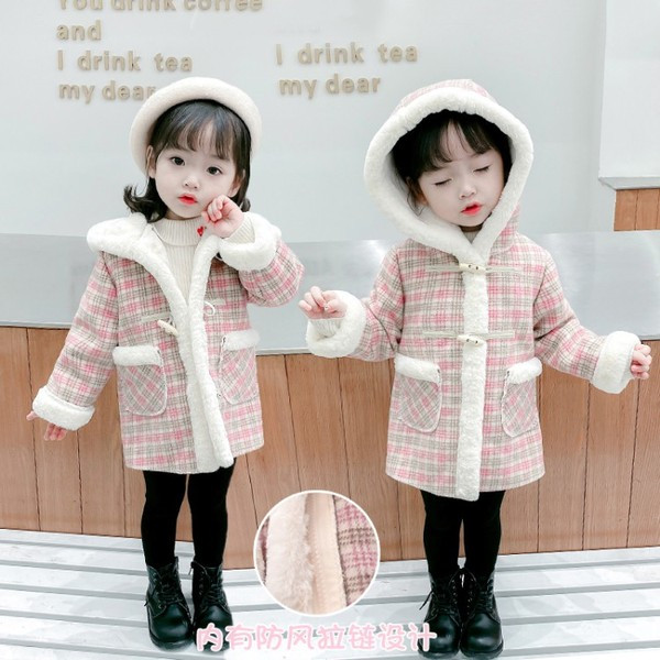Παιδικό παλτό καρό με κουκούλα και τσέπες για κορίτσια