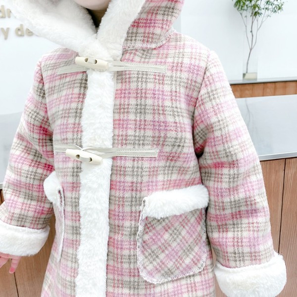 Παιδικό παλτό καρό με κουκούλα και τσέπες για κορίτσια