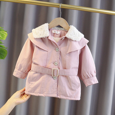 Roosa laste jope tüdrukutele nööpide ja vöörihmaga