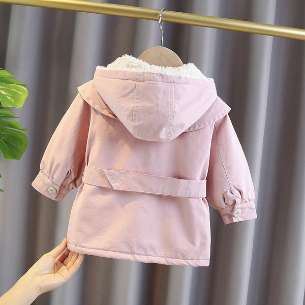 Roosa laste jope tüdrukutele nööpide ja vöörihmaga