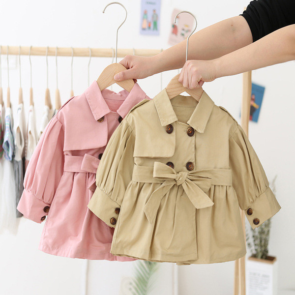 Μοντέρνο παιδικό παλτό με γιακά και ζώνη για κορίτσια