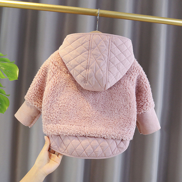 Moodne roosat värvi kapuutsiga ja taskutega laste jope tüdrukutele