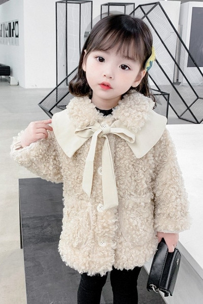 Νέο μοντέλο παιδικό μπουφάν με κορδέλα και κουμπιά σε μπεζ και ροζ χρώμα